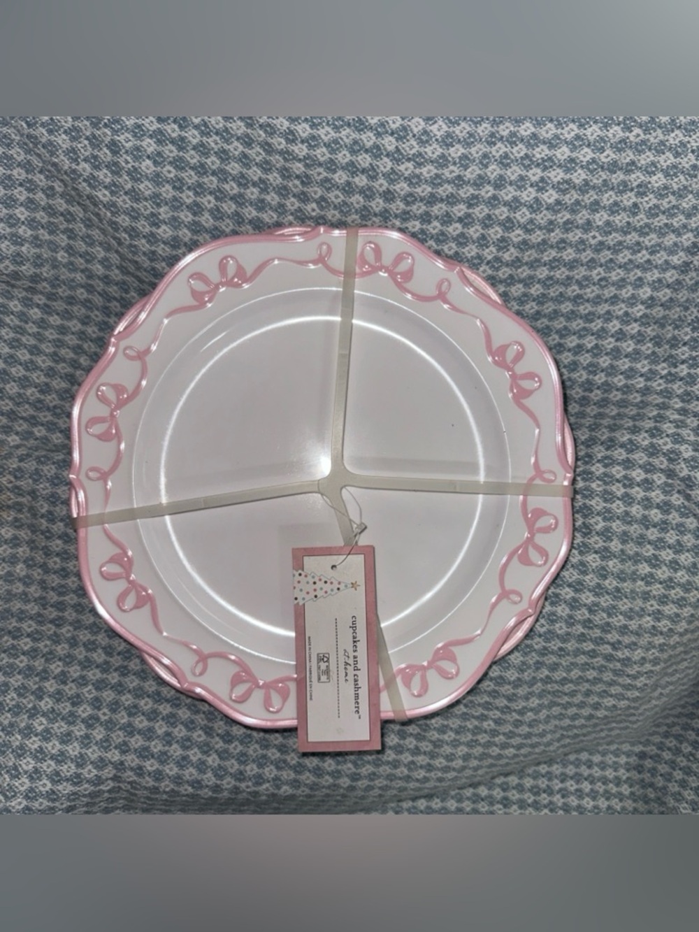 cupcakes & cashmere White melamine dinner  Plate with Pink Ribbon Trim